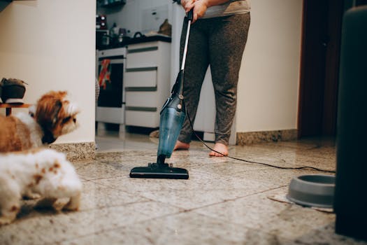pexels-photo-27176670-27176670 A woman cleaning the floor with a vacuum cleaner while a dog watches attentively. Indoor home setting.