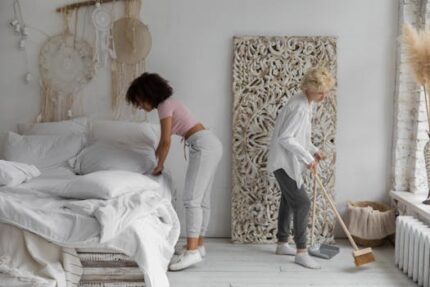 Two women tidying a contemporary bedroom with natural decor elements, showcasing stylish cleaning habits.