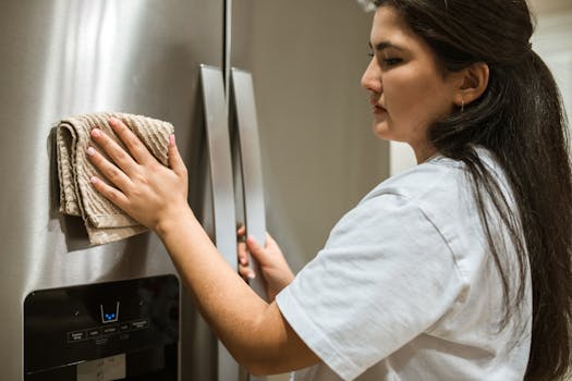 pexels-photo-5591933-5591933 A woman wipes a refrigerator with a cloth, focusing on maintaining cleanliness in a kitchen.