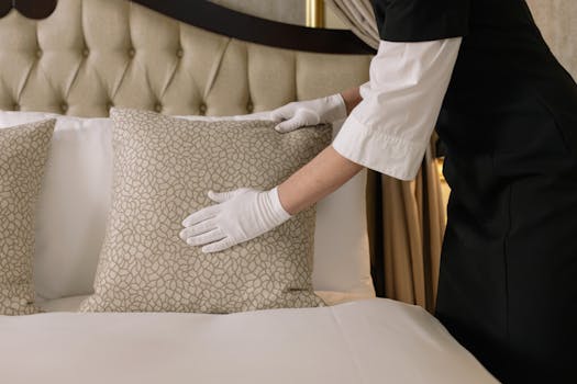 pexels-photo-6466482-6466482 A housekeeper wearing gloves arranges pillows on a luxurious bed in a hotel room.